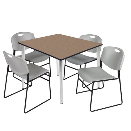 Regency Square Kahlo Breakroom Table W/ 4 Zeng Stack Chairs, 48 in W, 48 in L, Noble Oak TPL4848NOCM44GY