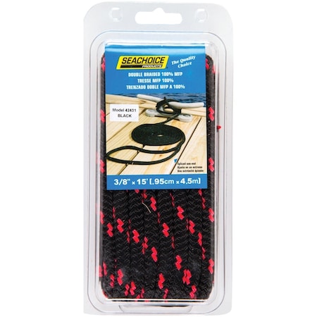 Seachoice 3/8'' x 15 Ft. Black w/Red Tracer Double Braid Polypropylene Dock Line 42431