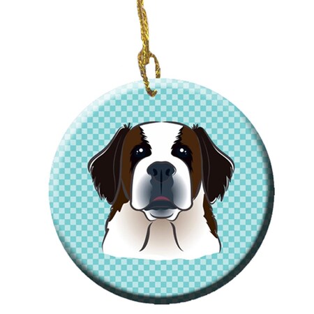 Carolines Treasures Checkerboard Blue Saint Bernard Ceramic Ornament- 2.81 In. BB1184CO1
