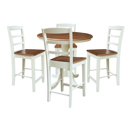 Whitewood Industries Rectangular Fixed Top Extension Pedestal Dining Table W/ 4 Counter Height Stools, 36 in W, 48 in H K79-36RXT-6B-S402-4