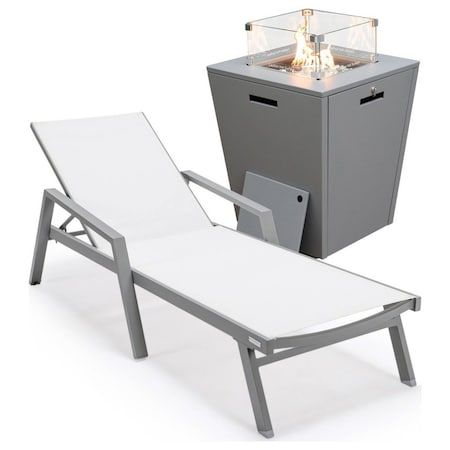 Leisuremod Marlin Grey Aluminum Patio Chaise Lounge Chair With Arms & Square Fire Pit Table, White MLAGRCF21-77W