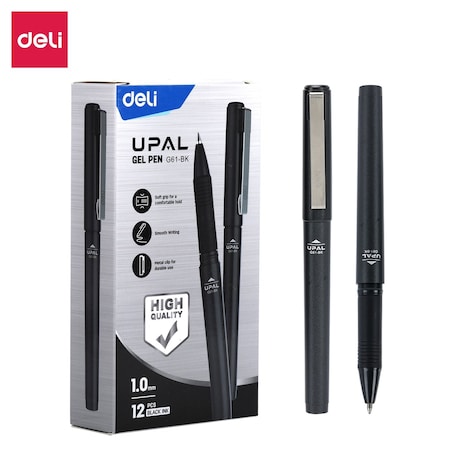 Deli UPAL Gel Pen 1.0mm, Black Ink, Capped, Metal Clip, 12PK EG61-BK
