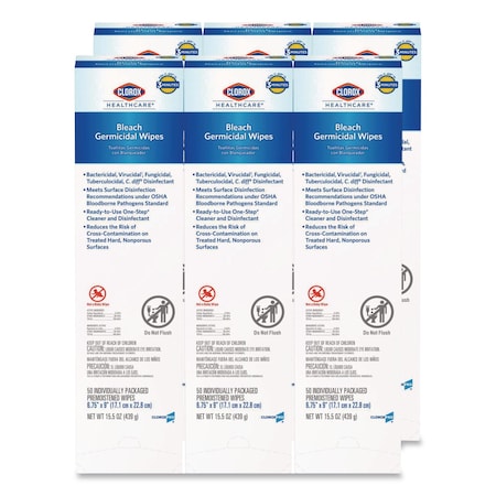 Clorox Bleach Germicidal Wipes, Individual Wipes, 1-Ply, 6.75 x 9, Unscented, White, 50 Wipes, PK6 31424