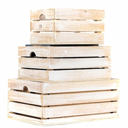 Homeroots Set of Three Organic Whitewash and Natural Distressed Wood Stacking Milk Crates, 3PK 471955