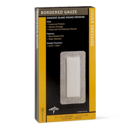 Medline Sterile Bordered Gauze Adhesive Island Wound Dressing, 4in x 8in with 2in x 6in Pad, 15PK MSC3248Z