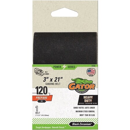 Gator Sanding Belt, 3 in W, 21 in L, 120 Grit, Fine, Zirconium Oxide Abrasive 7775