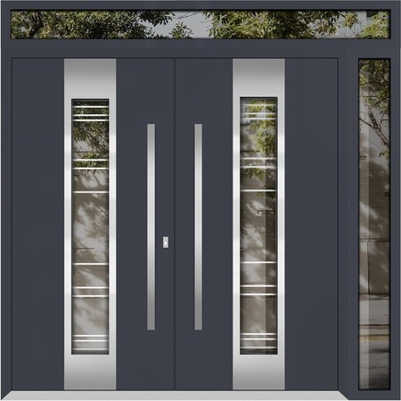 Vdomdoors Metal Double Doors Deux 1744 Natural Oak Frosted Glass 1 Sidelight and Top Transom Entry Modern Pai DEUX1744DEXD-OAKB-W72+12xH96+12-RH-I