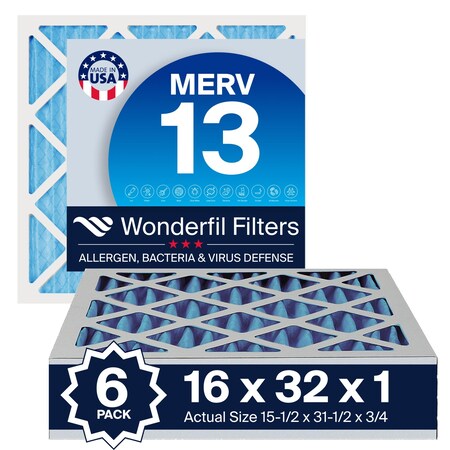 Wonderfil Filters 16X32X1 MERV 13 Air Filter, Pleated HVAC Design, Perfect Fit for AC and Furnace Systems, 6PK AF16X32X1M13P6
