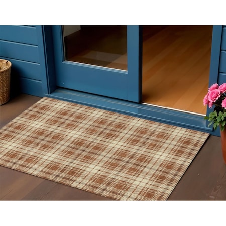 Homeroots 3' X 5' Brown Black And Beige Plaid Washable Indoor Outdoor Area Rug 597129