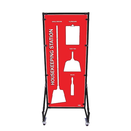5S Supplies Housekeeping Shadow Board Broom Station V13, Red / White, Kit + Stand HSB-V13-RED/WHITE-KIT-STAND