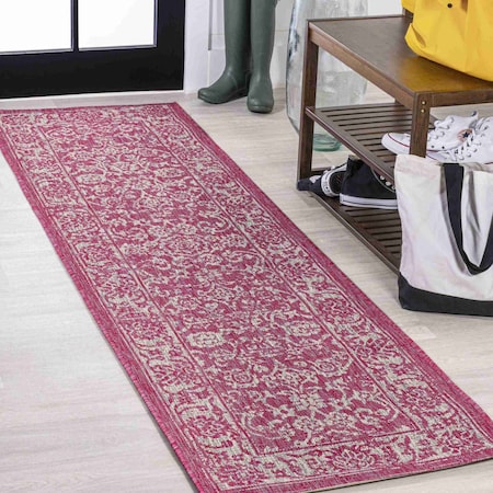 Jonathan Y Tela Bohemian Textured Weave Floral Fuchsia/Light Gray 2 ft. x 8 ft. Indoor/Outdoor Runner Rug SMB100G-28