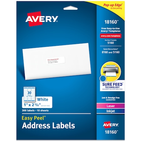 Avery Easy Peel Address Labels, Sure Fe, PK300 18160