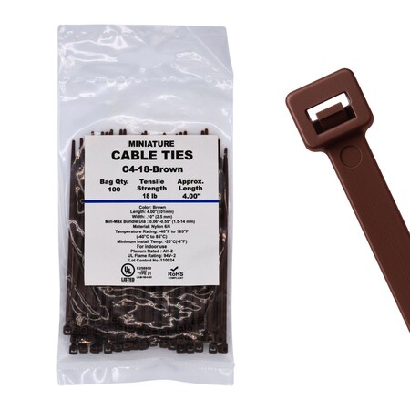 Cable Ties Unlimited Cable Tie, 4 in L, 18 lb Strength, 1 in Max Bundle Dia, Nylon 6/6, Brown 100PK C4-18-Brown