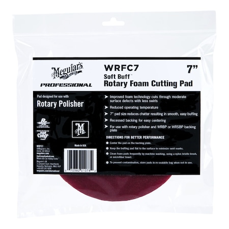 Meguiars Soft Buff Rotary Cutting Pad, 7 in Dia, Hook and Loop Attachment, Foam Pad, Red WRFC7