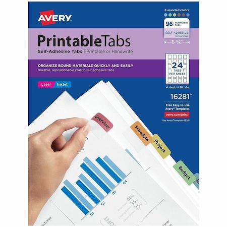 Avery Printable Self-Adhesive Tabs, 1-1/4" Width, Assorted, 96 Tabs/Pack 16281