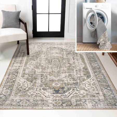 Jonathan Y Keesha Bold Distressed Medallion Low-Pile Machine-Washable Green/Cream 5 ft. x 8 ft. Area Rug WSH316C-5