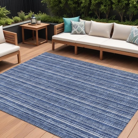 Homeroots 8' X 10' Denim Blue And Ivory Striped Washable Indoor Outdoor Area Rug 615046