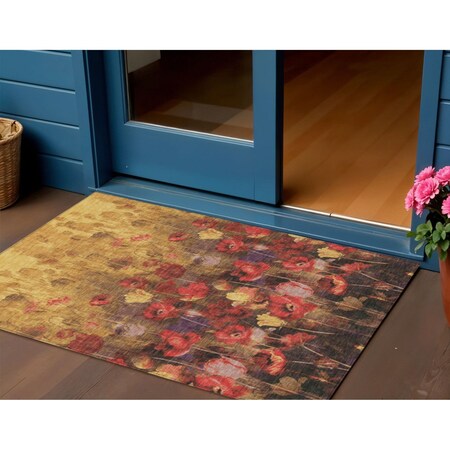 Homeroots 3' X 5' Gold Red And Brown Floral Washable Indoor Outdoor Area Rug 597056