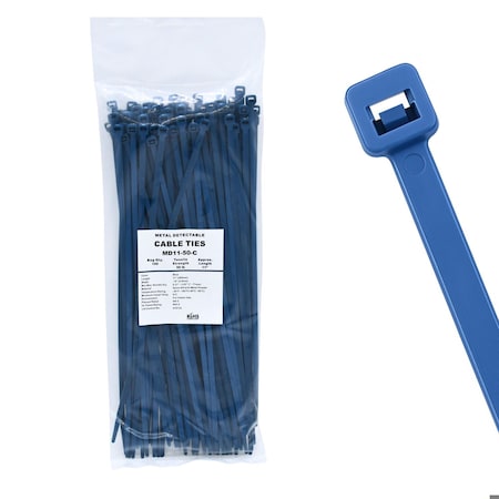 Cable Ties Unlimited Metal Detectable Cable Tie, 11 in L, 50 lb Strength, 3.2 in Max Bundle Dia, Nylon 6/6, Blue, 100PK MD11-50-C