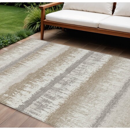 Homeroots 9' X 12' Ivory Gray And Beige Striped Washable Indoor Outdoor Area Rug 598362
