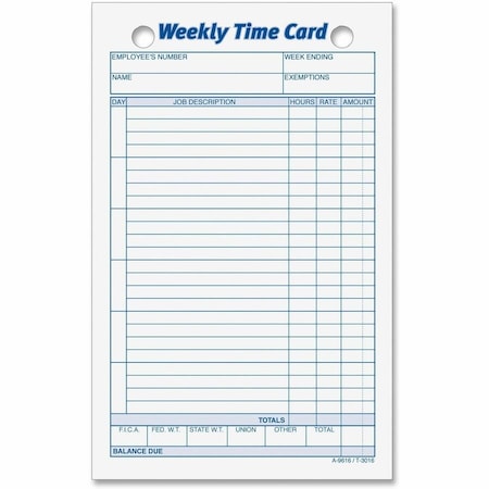 Tops Business Forms TOPS, Employee Time Card, Weekly, 4 1/4 X 6 3/4, 100PK 3016