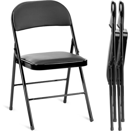 Simple Deluxe Folding Chairs with Leather Padded Cushion Seats and Durable Metal Frame, Vinyl Black, 2PK 3A88FNCHARFOLDBLKX2