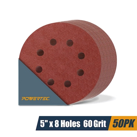 Powertec 5 in. 8 Hole Hook and Loop Sanding Discs, Aluminum Oxide, 60 Grit, 50PK 45006-P2N