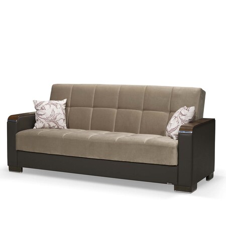 Homeroots 87" Brown Sand Chenille And Faux Leather Convertible Futon Sleeper Sofa w/ Toss Pillows And Storage 607173