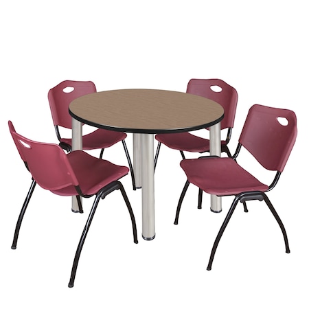 Regency Round Kee Breakroom Table W/ 4 M Stack Chairs, 36 in W, 36 in L, Noble Oak TB36RNDNOBPCM47BY
