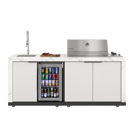 Koolmore Outdoor Kitchen Suite W/White Rock Beam Countertop, 4 Burner Grill, Refrigerator, Stainless Steel Sink KM-OKS-3585