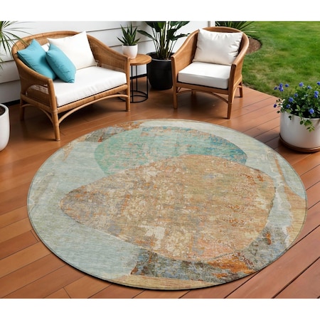 Homeroots 8' Teal Blue And Copper Round Abstract Washable Indoor Outdoor Area Rug 615718