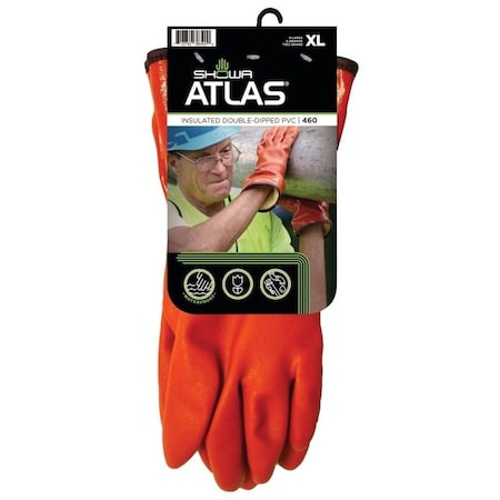 Showa Atlas Showa Coated Gloves, XL, 11-13/16 in L, Gauntlet Cuff, PVC, Orange 460XL-10.RT