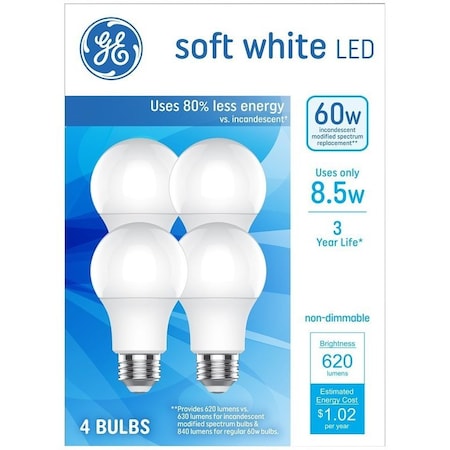Ge LED Light Bulb, General-Purpose, A19 Lamp, 60 W Equivalent, E26 Medium Lamp Base, Non-Dimmable, 4PK 93131063