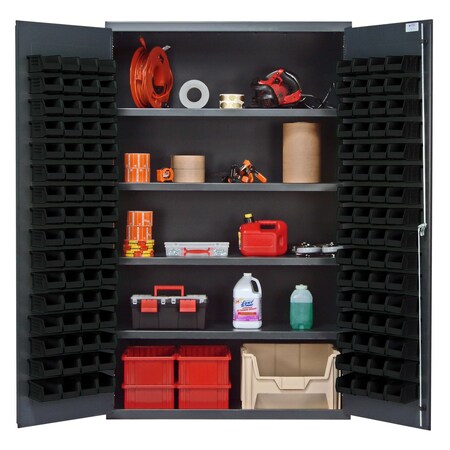 Quantum Storage Systems BEIGE STORAGE CABINET W/128 BLACK BINS QSC-BG-4803BK