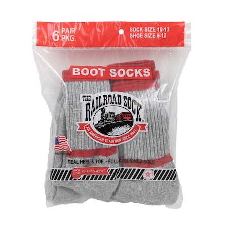 Railroad Sock Mens Boot Socks, 85% Acrylic, 15% Nylon, Grey/Red, 6-12 M, 6 PK 6014