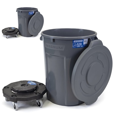 Magnum Tool Gray 32 Gallon Trash Can Set (Trash Can, Quiet Dolly, and Reinforced Lid) (2 Set) CMTC-CLD0-32G02
