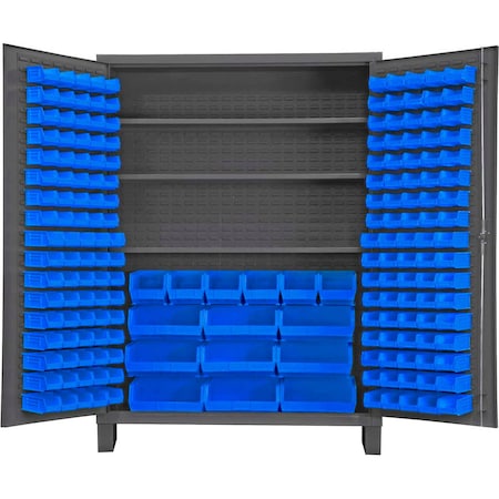 Global Industrial Bin Cabinet Flush Door - 185 Blue Bins, 16 Ga. All-Welded Cabinet 60x24x84 B1961795