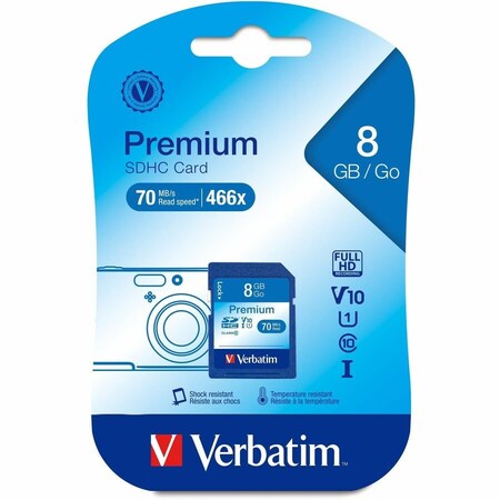 Verbatim Americas Verbatim 8GB Premium SDHC Memory Card, UHS-I Class 10 - Class 10 - 1 Card/1 Pack - 133x Memory Speed 96318