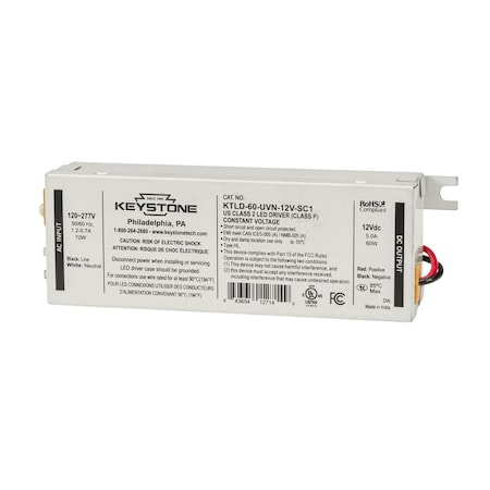Keystone Constant Voltage LED Driver, 120-277V, 12V Output, 60W Max, Normal Power Factor KTLD-60-UVN-12V-SC1