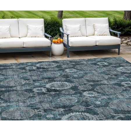 Homeroots 9' X 12' Teal Blue And Sky Blue Damask Washable Indoor Outdoor Area Rug 588200