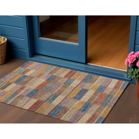 Homeroots 3' X 5' Beige Blue And Gold Striped Washable Indoor Outdoor Area Rug 615464