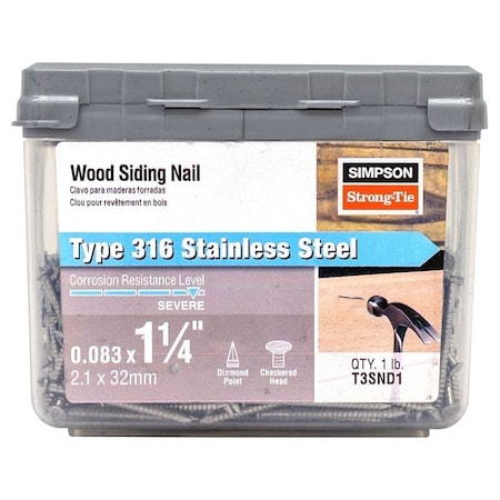 Simpson Strong-Tie Wood Siding Nail, 3D, 1-1/4 in L, Stainless Steel, Full Round Head, Annular Ring Shank T3SND1