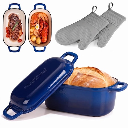 Nutrichef 10 in Enameled Cast Iron Bread Pan with Lid, Oval Loaf Dutch Oven with Silicone Gloves, Oven-Safe to NCCIEDO3BL