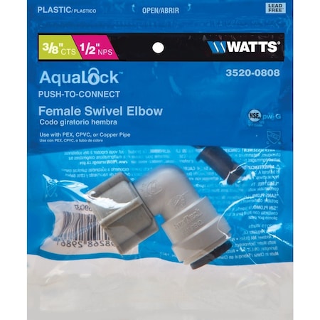 Watts 3/8'' CTS x 1/2'' FPT 90 Deg. Quick Connect Plastic Elbow, 1/4 Bend 3520-0808