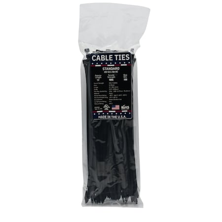 Cable Ties Unlimited Cable Tie, 11 in L, 50 lb Strength, 2.9 in Max Bundle Dia, Nylon 6/6, Black 100PK US-S11-50-0C