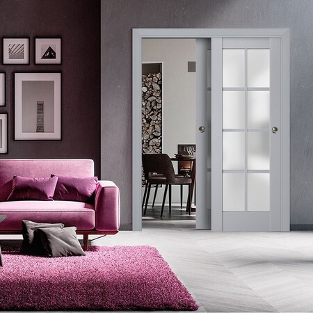 Sartodoors Sliding Closet Bypass Doors with Frosted Glass Grey 72x84 (2* 36x84) Solid Core Modern Interior VEREGIO7412DBD-GRE-7284