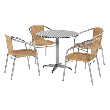 Flash Furniture Round Table Set, Aluminum, Plastic, Rattan, Stainless Steel, Grey TLH-ALUM-32RD-020BGECHR4-GG