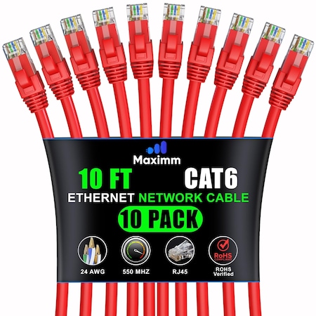 Maximm Cat6 Ethernet Cable 10ft 10Gbps 550MHz UTP, 10PK, Red, 10PK CAT6CCA-10RD10PK