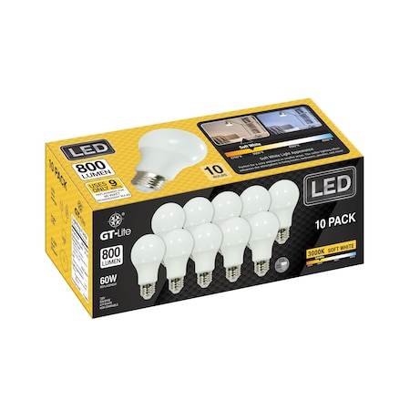 Gt-Lite 800 Lumen LED A19 Bulb, Non-Dimmable, PK 10 GT-A19-10PK3