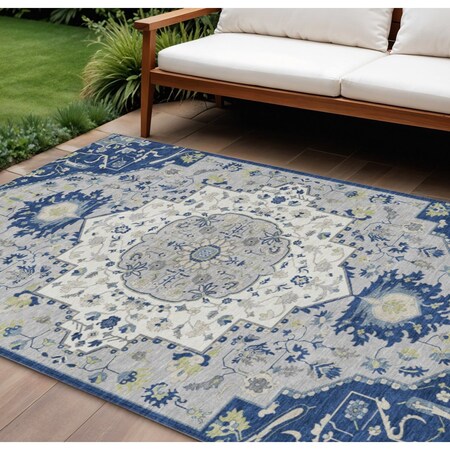 Homeroots 8' X 10' Navy Blue Ivory And Gray Oriental Washable Indoor Outdoor Area Rug 596641